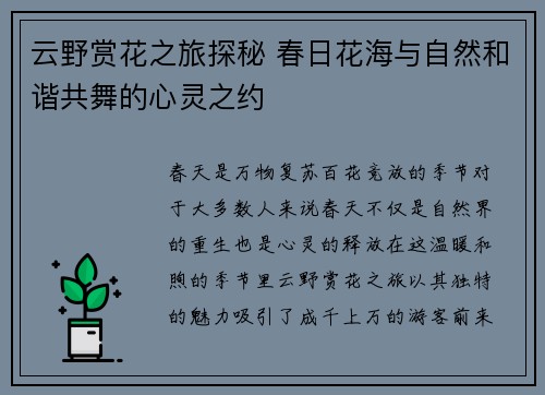 云野赏花之旅探秘 春日花海与自然和谐共舞的心灵之约